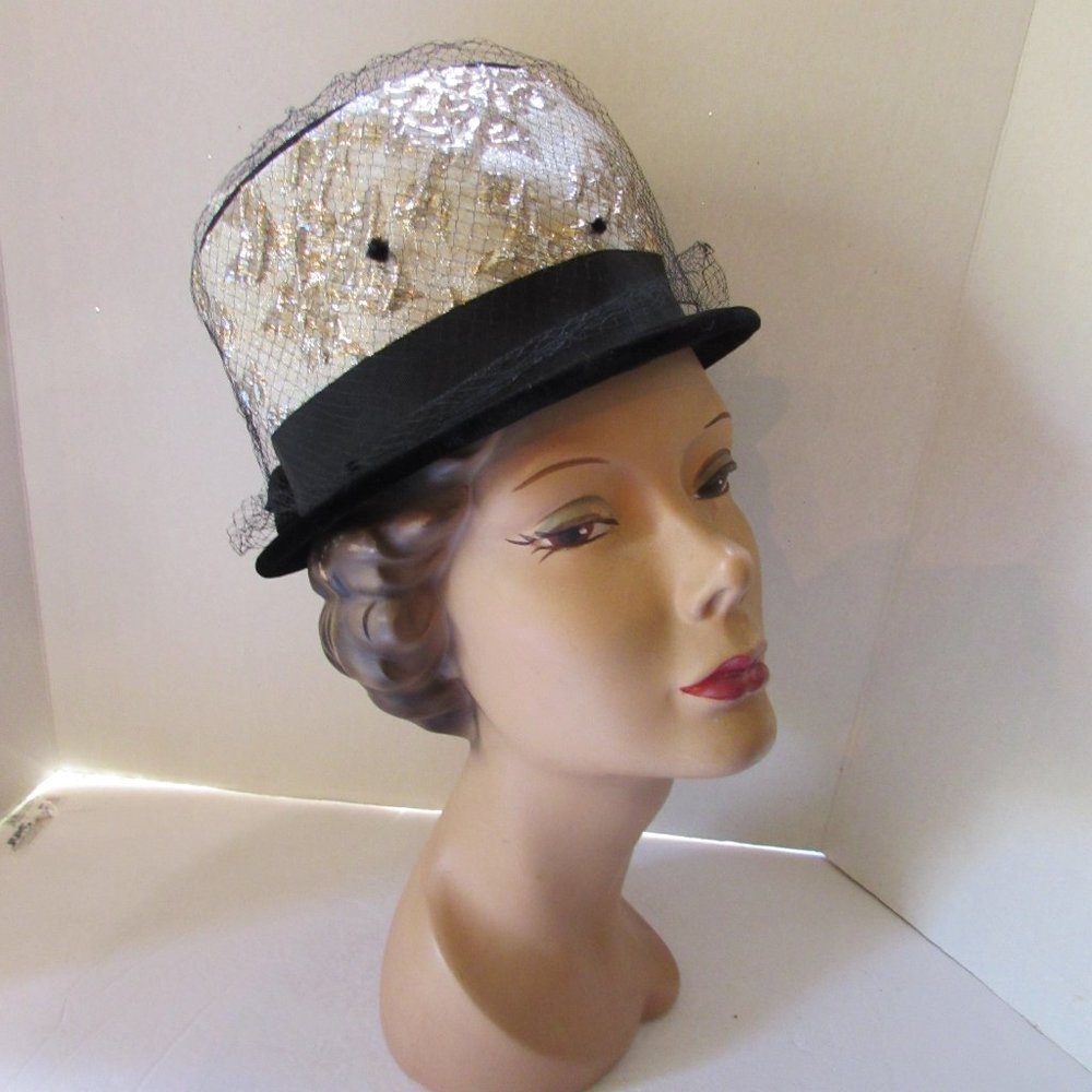 SALE Vintage 1960 Era Bucket Style Hat Gold Brocade & Black Velvet